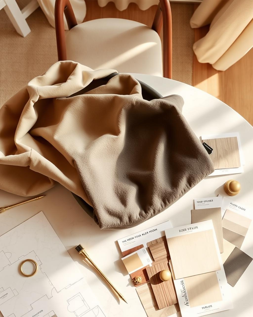 Interior design material samples, fabric swatches, and floor plans on a designer's work table
