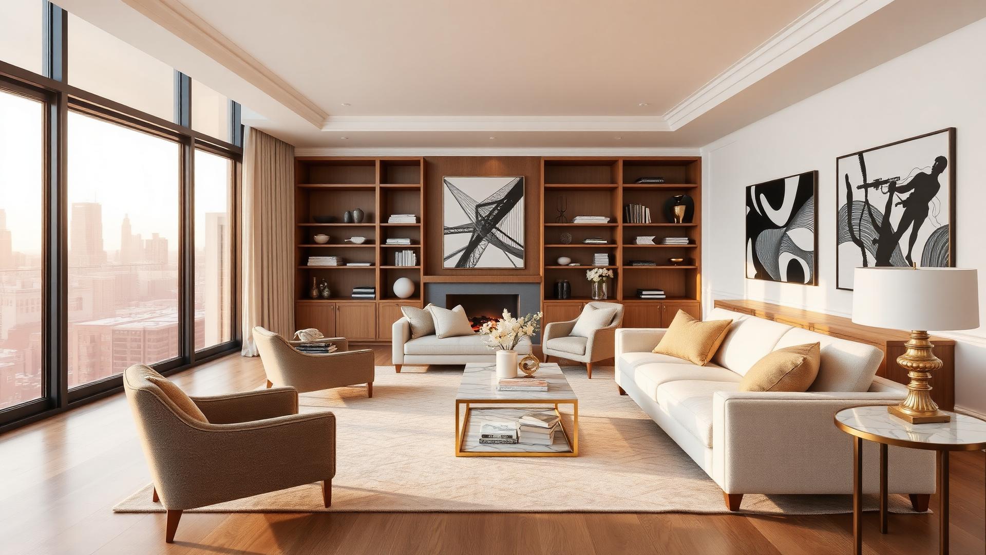 Luxurious living room in an upscale Queens apartment with floor-to-ceiling New York windows and warm natural light