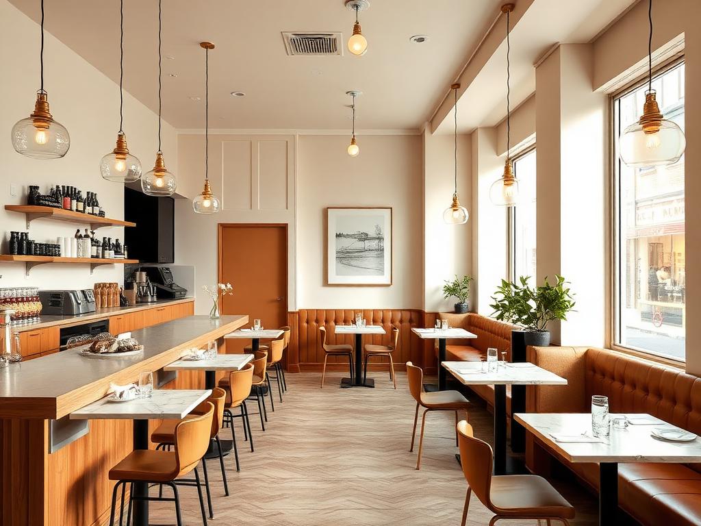 Modern café interior in Astoria with leather banquettes, marble tables, and pendant lighting