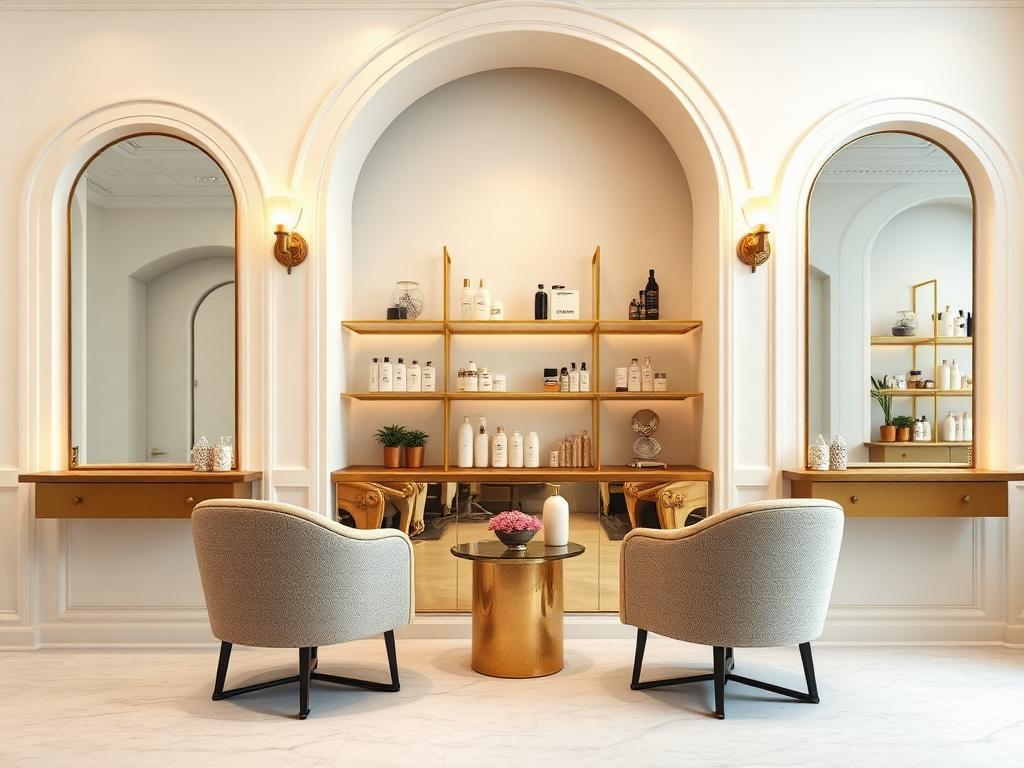 Boutique salon reception in Bayside with arched mirrors, boucle chairs, and brass shelving