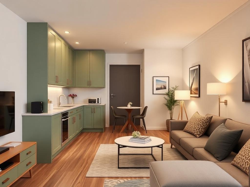 Modern short-term rental in Flushing with sage green kitchenette and cozy living area