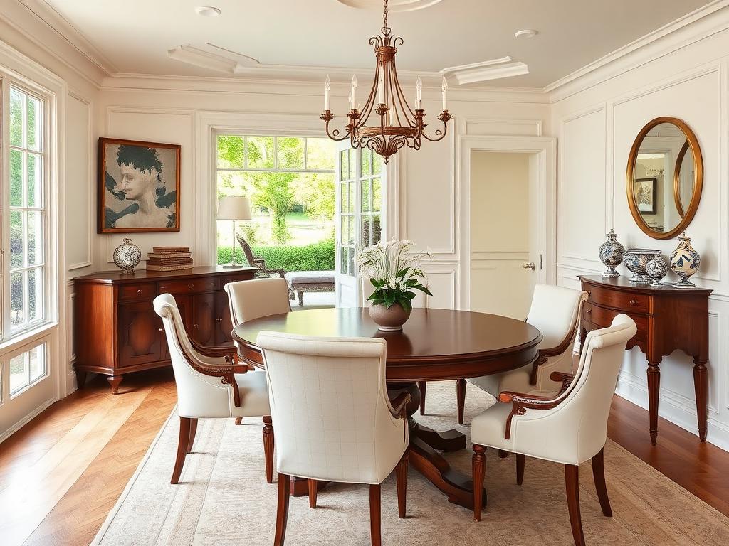 Elegant dining room in a Forest Hills home with walnut table, cream chairs, and brass chandelier