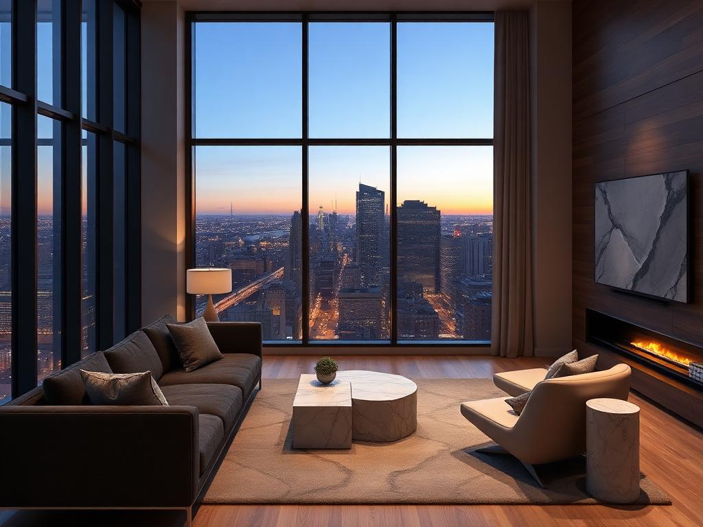 Luxury Long Island City condo living room with floor-to-ceiling skyline windows at dusk