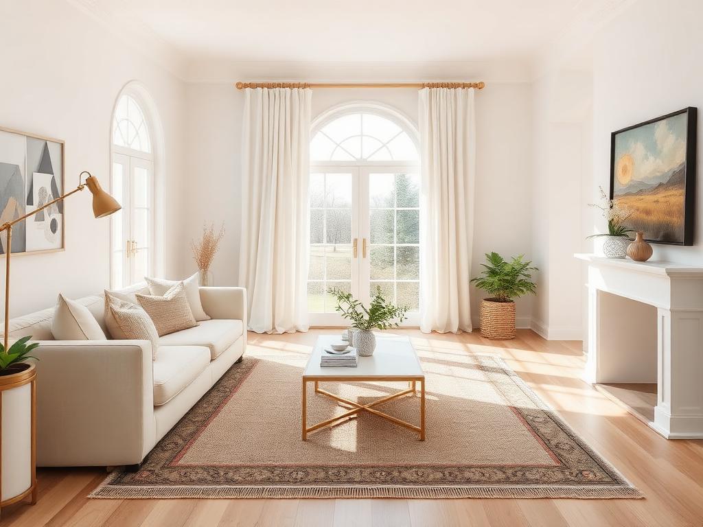 Bright renovated Rego Park living room after professional interior design with cream sofa and arched windows