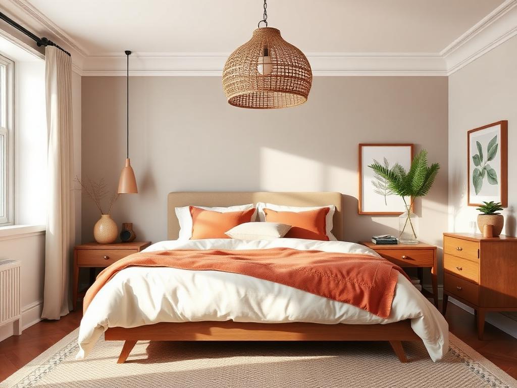 Stylish Airbnb guest bedroom in Sunnyside with terracotta bedding and rattan pendant light