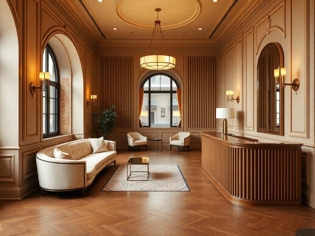 Sophisticated commercial reception lounge with warm wood paneling and brass lighting