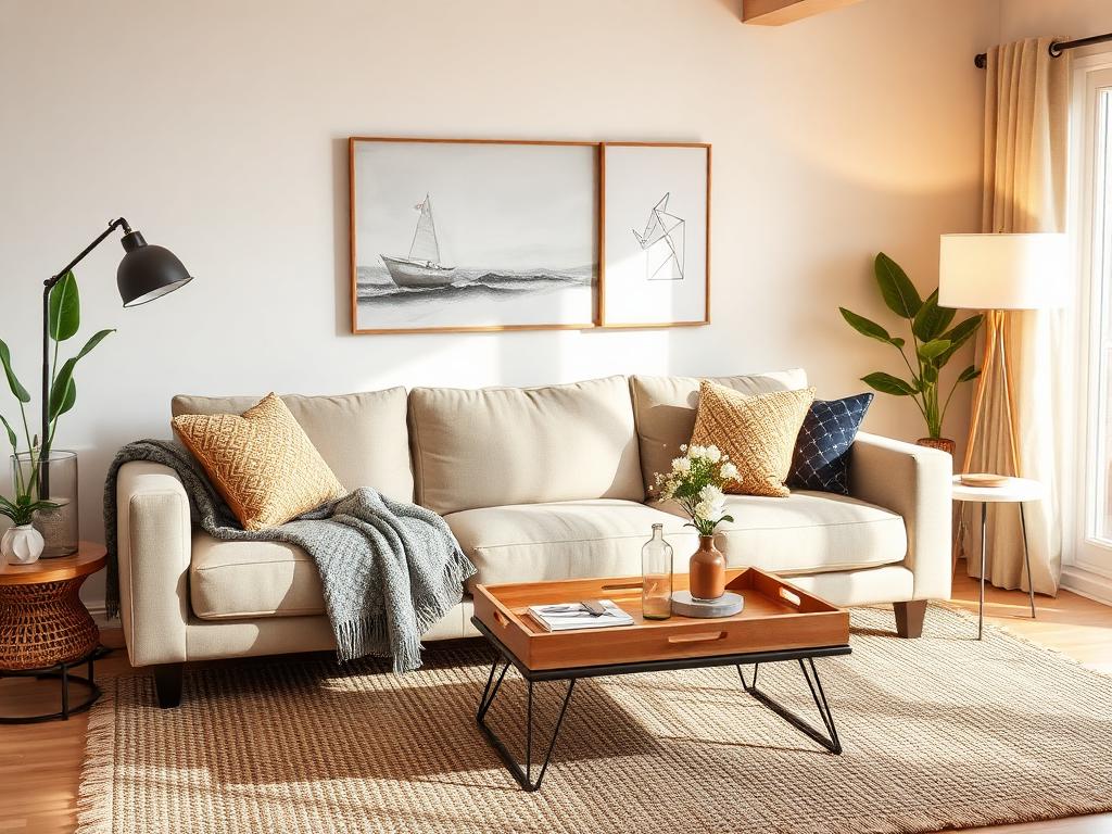 Beautifully styled short-term rental living room with layered throws and warm lighting