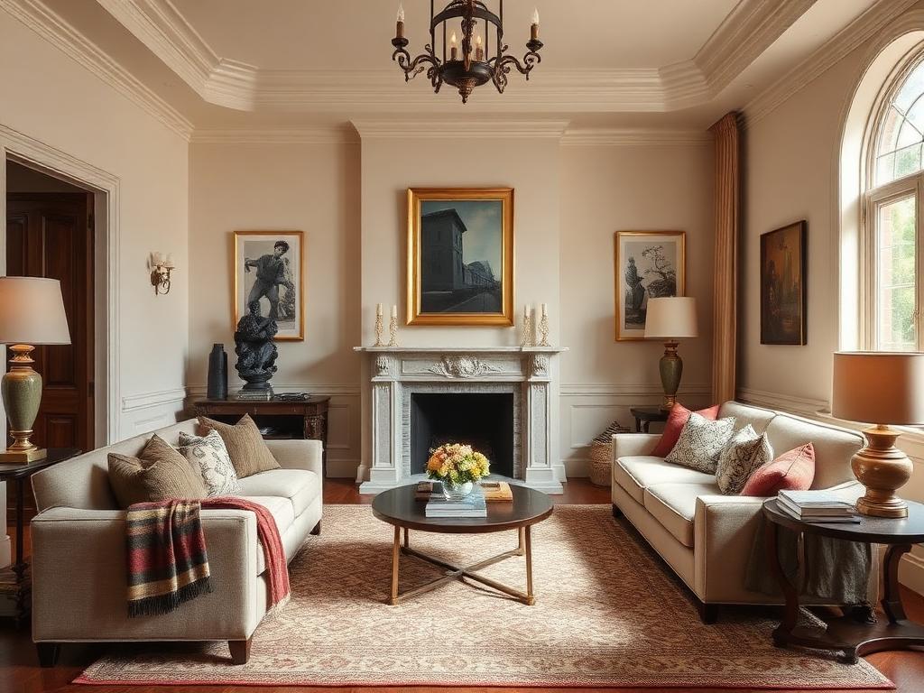 Elegant living room in a classic Queens home with a marble fireplace and tailored furnishings